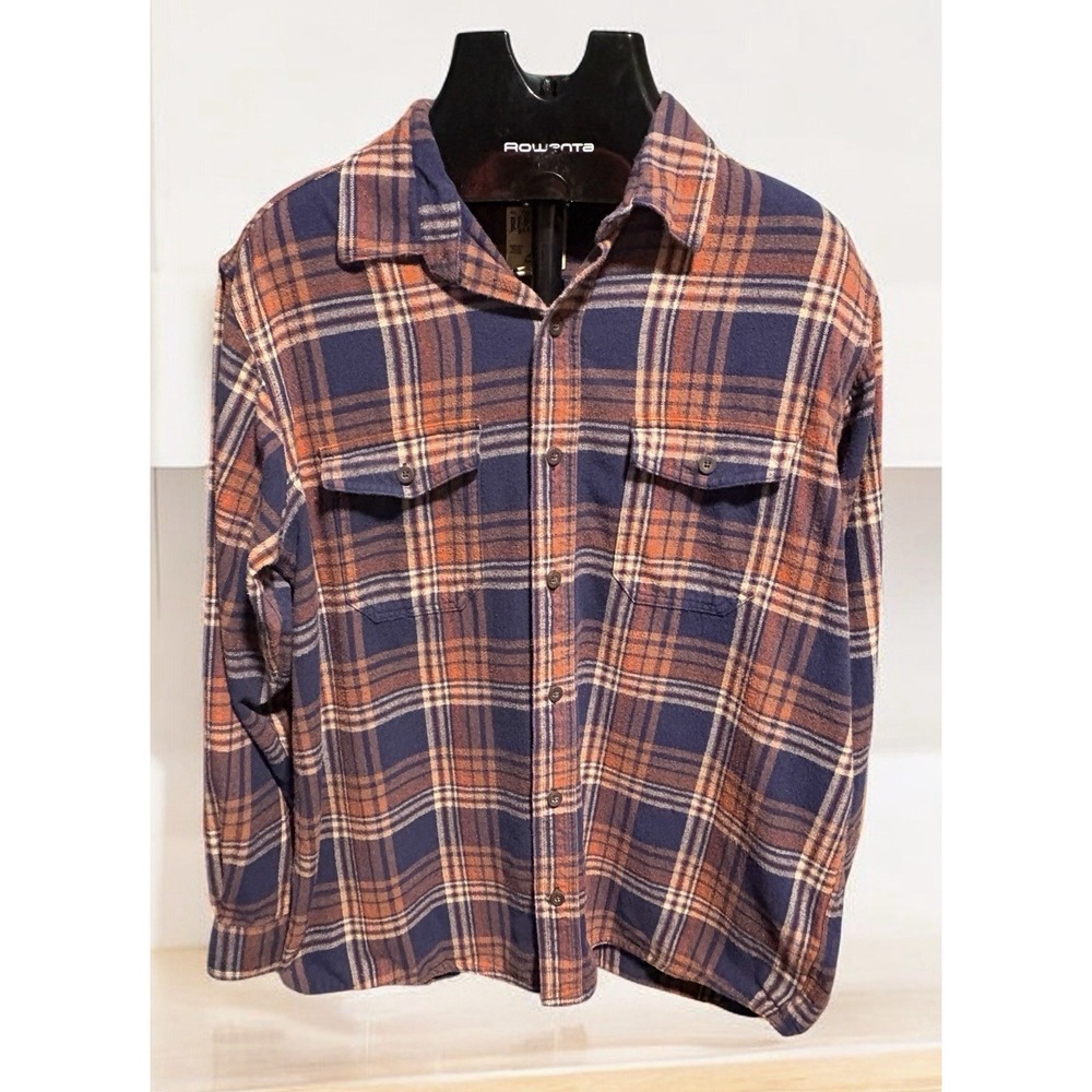 Red Head Mens Flannel Sz L Outdoor Workwear Shirt Navy Orange Plaid Long Sleeve